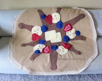 Pancake Blanket Crochet PDF Pattern with Blueberries strawberries bananas maple syrup butter. Easy to follow food crochet Novelty