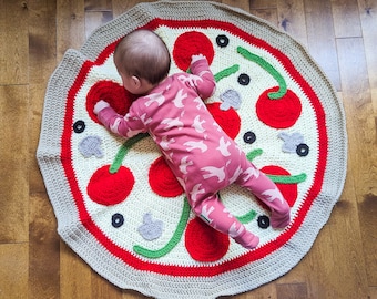 PDF Baby Pizza Blanket Novelty  Crochet Pattern with Olives Mushrooms Pepperonis Peppers