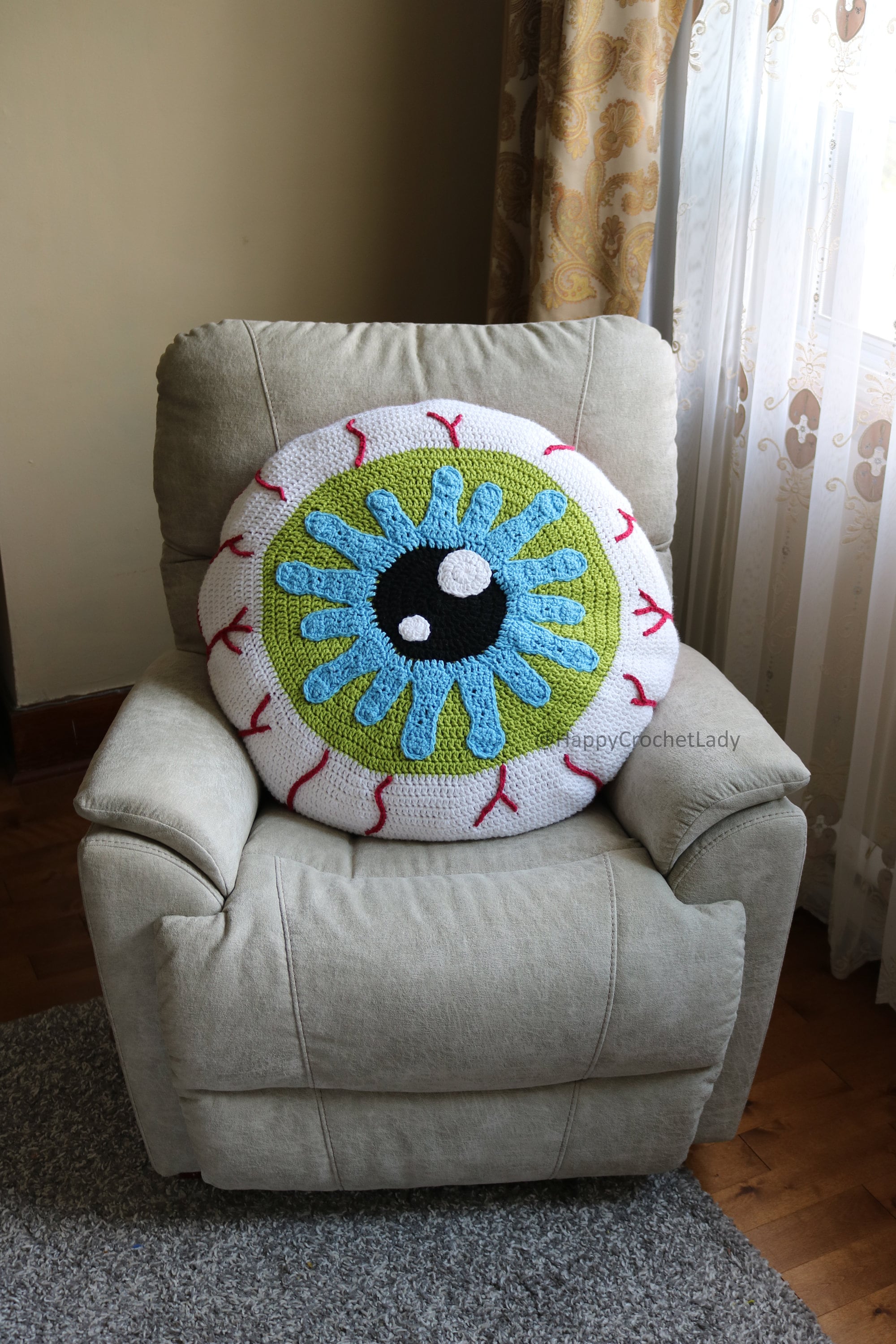 Eyeball Pillow PDF Crochet Pattern Halloween cushion novelty décor spooky