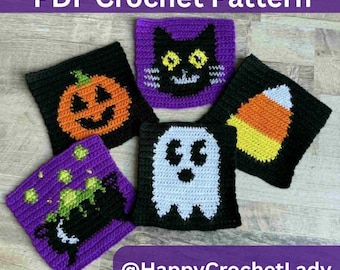 May include: A collection of five crocheted Halloween-themed squares. Designs include a jack-o'-lantern, black cat, ghost, candy corn, and a bubbling cauldron. The text "PDF Crochet Pattern" and "@HappyCrochetLady" are visible.