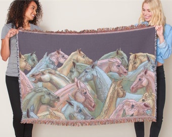 Herd Of Mare Horses Woven Afghan Blanket Tapestry Throw | Equestrian Horse Lover Gifts | Equestrian Horse Home Decor | Horse Gifts for Her
