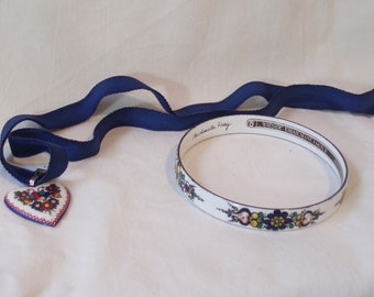 Vintage Austrian Enameled Bangle Bracelet and Heart on Velvet Ribbon Necklace