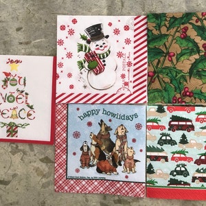 5 Holiday Paper Napkins for Decoupage, Collage Pages, Ephemera, Junk Journal Pages - Christmas - Tree, Snowman, Holly, Dogs, Cars