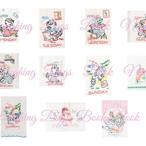 May include: Set of 10 embroidered tea towels featuring a different embroidered design for each day of the week. Each towel features a cute cartoon animal and the day of the week. The towels are white with pink, blue, green, and yellow embroidery.