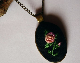 Pendant with chain hand embroidered pink roses ready for shipping