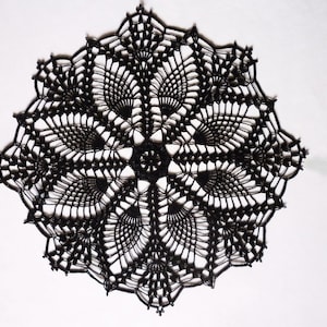 Può includere: Un centrino all'uncinetto nero con un delicato motivo floreale.