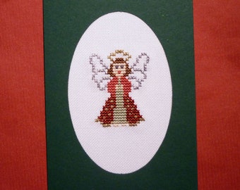 Weihnachtskarte Klappkarte Roter Engel, handgestickt, mit Umschlag