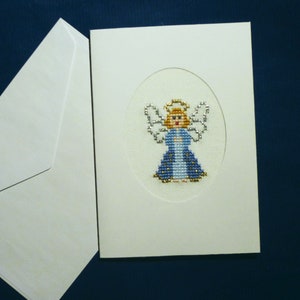 Weihnachtskarte Klappkarte Blauer Engel, handgestickt, mit Umschlag