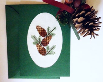 Hand-embroidered card pine cone