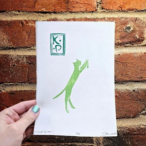 Linocut Cat/ Original Art Print/ Limited Edition/ Stretching Cat Illustration/ Minimalist Nature/ Hand Carved and Printed/ Signed & Numbered