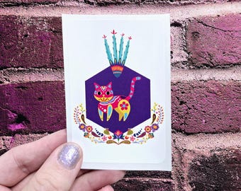 Sticker art folklorique Alebrije/ Chat avec fleurs de cactus/ Jungle tropicale/ Exotique/ Animal de la faune du Mexique/ Créature colorée/ Motifs de conception/ Soulèvement