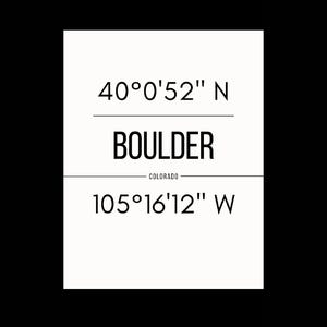 Boulder Colorado/Coordonnées de la carte du nom de la ville/Panneau d'art mural imprimable/Décor moderne de bureau à domicile/Décor de dortoir universitaire/Décor de bar
