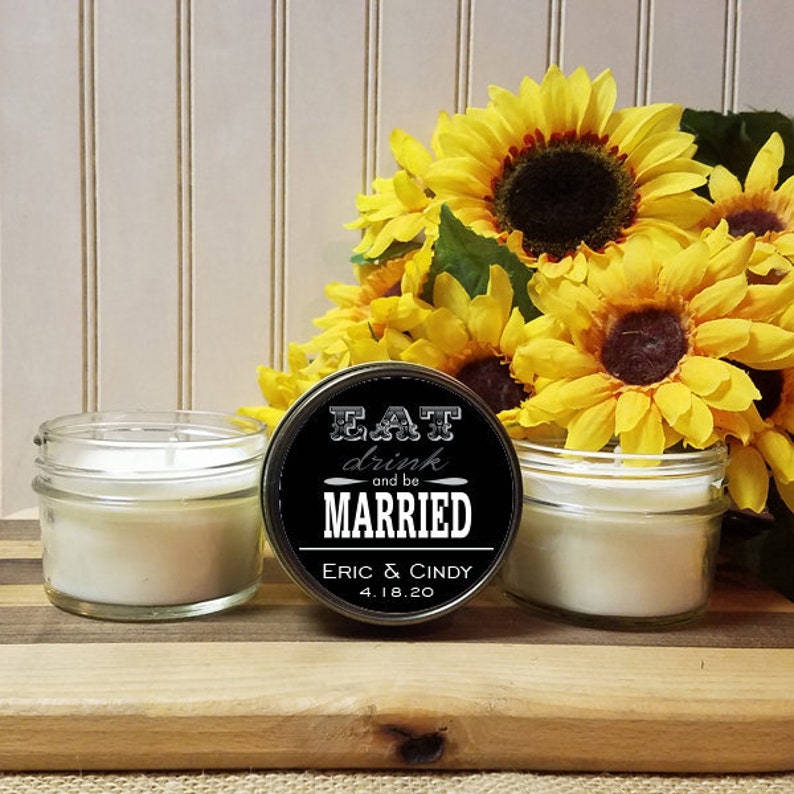 Eat Drink Mason Jar Favors Set of 12 Personalized Wedding Favor Candles Party Reception Bridal Shower Favors Shower Wedding Favors