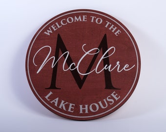 Round Custom Lake House Sign, Personalized with last name - stained, real wood, welcome lake house decor, vacation home decor, lake life