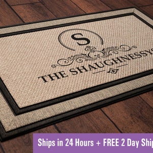 Monogram custom family last name doormat welcome mat - Personalized wedding housewarming gift - Ships next day + 2 day shipping