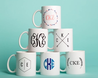 Custom Monogram Mug - Vine Watercolor Floral Arrows Classic Modern Circle Laurel Monograms, Personalized Mug, Monogrammed Mug
