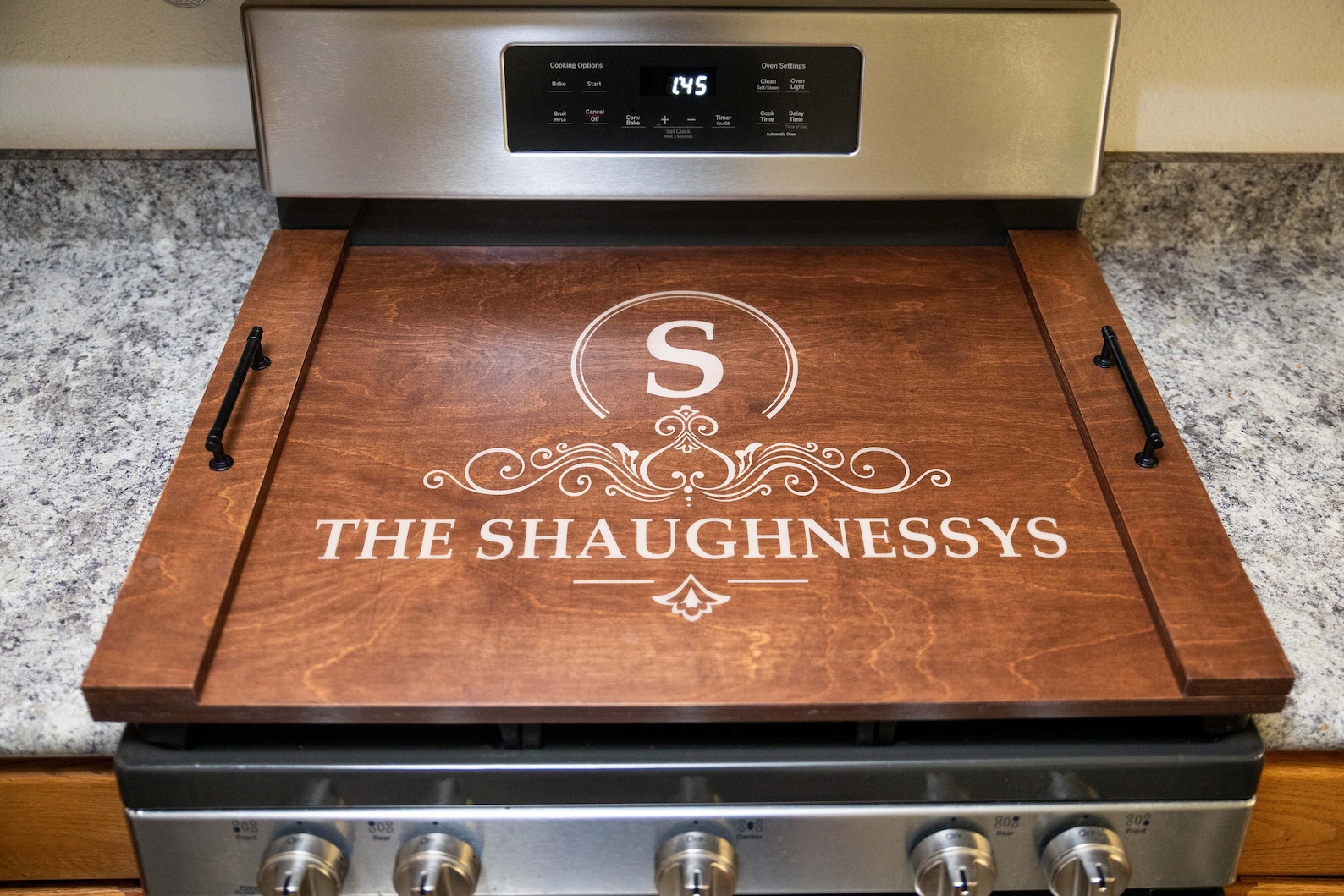 "The Hurms" - Monogram Custom Family last name noodleboard - Personalized stove cook top cover noodle boards - Standard (30"x22"), Ebony, Gold