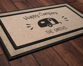 Happy Campers family last name welcome mat - Camping camper gift, custom personalized doormat door mat