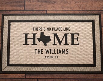 There's No Place Like Home with State graphic, Family Name, City Name - Personalized Doormat, Custom Welcome Mat