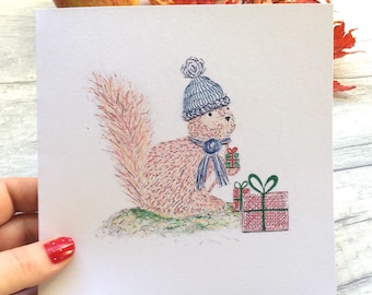 Hand drawn squirrel chrismas-seasonal card - blank inside