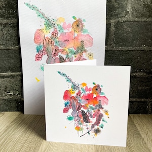 Tarjetas de felicitación florales / flores de verano, en blanco por dentro, vibrantes, hechas a mano, tarjeta de flores, tarjeta para cualquier ocasión