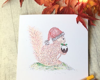 Hand drawn squirrel chrismas-seasonal card -blank inside
