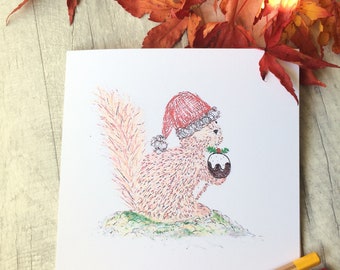 Carte chrismas-saisonnière d’écureuil dessinée à la main -blanc à l’intérieur