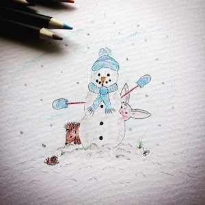 Impressionante boneco de neve desenhado à mão Natal / cartão sazonal - em branco dentro