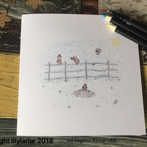disegnato a mano -colore sottile -cartolina di Natale -pettirosso su una vista prato