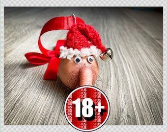 May include: A handmade Christmas bauble shaped like a person wearing a red and white Santa hat with a bell. The bauble has a brown face with googly eyes and a long, pink nose.