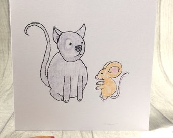 Hand drawn nature card - cat and mouse -blank inside