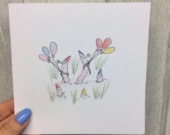 Delicately hand drawn nature card featuring garden worm party birthday/occasion card