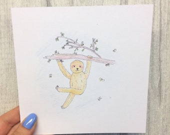 May include: A hand-drawn illustration of a sloth hanging from a tree branch. The sloth is light yellow with a pink face and is holding onto a brown branch with green leaves. Small bees are scattered around the sloth. The text "Copyright 2018 illylarlar All Rights Reserved" is at the bottom.