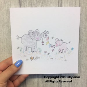 Tarjeta de bebé dibujada a mano - tarjeta de niña bebé - nueva tarjeta de bebé - tarjeta de elefante -en blanco en el interior