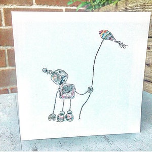 Colourful Rainbow kite robot greeting card - blank inside - illylarlar design