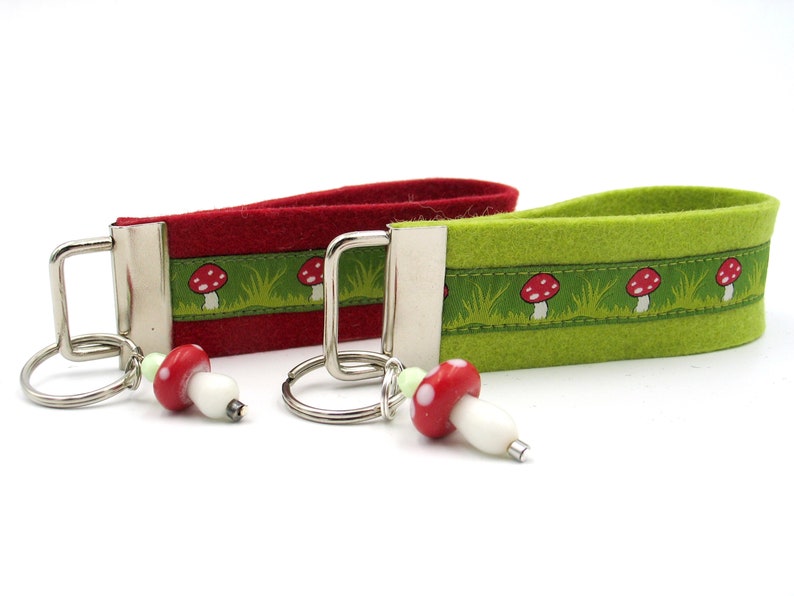 Lanyard,keychain,keyring,felt,keyband green,red,fly fungus,mushrooms,keyband,pendant,gift,felt band image 2