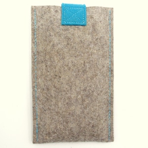 May include: A gray felt phone case with a blue felt flap closure.