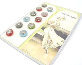 11 glass buttons from Gablonz, antique buttons, collector's items, on sample card, vintage, diameter 9 mm