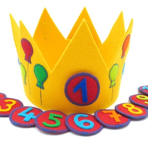 Birthday crown with 3 numbers,balloons,yellow,100% wool felt,size adjustable,children's birthday,crown for birthday child,handmade image 1