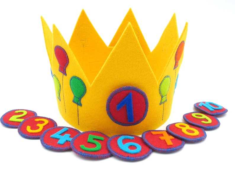 Birthday crown with 3 numbers,balloons,yellow,100% wool felt,size adjustable,children's birthday,crown for birthday child,handmade image 1