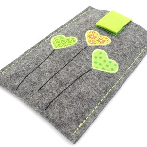 Handytasche,Hülle für iPhone 12/13/X/Xs/Xs Max,iPhone XR/SE,iPhone 11,iPhone 11 Pro/11 Pro Max,Herz grün,100% Wollfilz,dunkelgrau