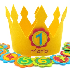 Birthday crown Fleur, yellow , with name and 3 numbers , 100% virgin wool felt , adjustable in size image 1