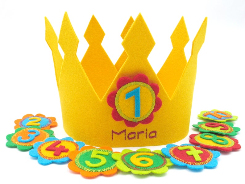 Birthday crown Fleur, yellow , with name and 3 numbers , 100% virgin wool felt , adjustable in size image 1