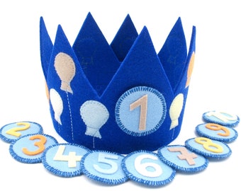 Birthday crown with 3 numbers, balloons, royal blue, blue, 100% virgin wool felt, adjustable size, children's birthday, crown for birthday child