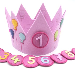 Birthday crown with 3 numbers,balloons,pink,100% new wool felt,size adjustable,children's birthday party,crown for birthday child,girl crown image 1