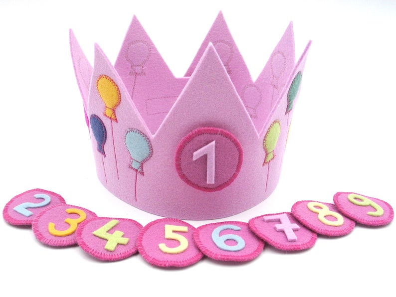 Birthday crown with 3 numbers,balloons,pink,100% new wool felt,size adjustable,children's birthday party,crown for birthday child,girl crown image 1