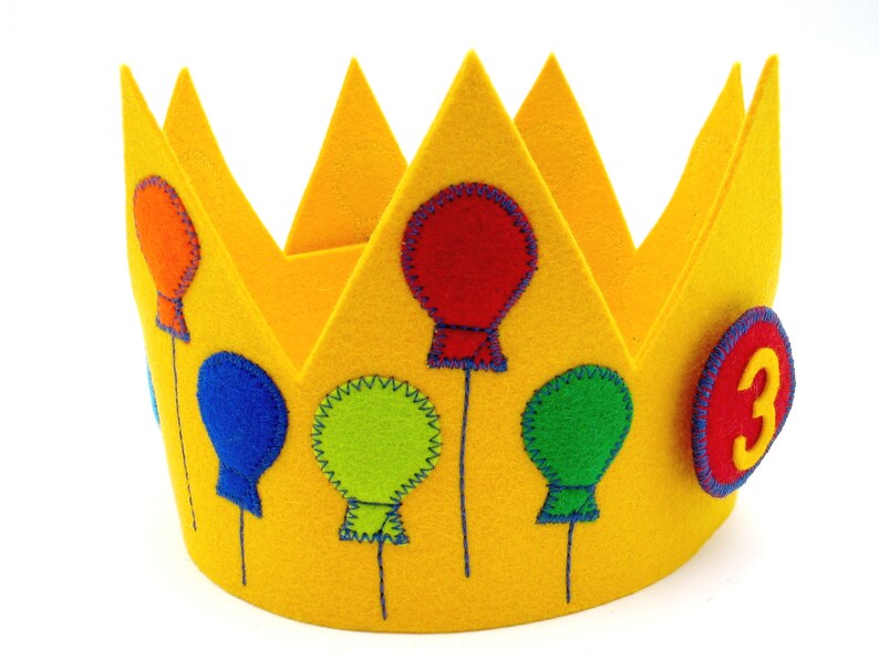 Birthday crown with 3 numbers,balloons,yellow,100% wool felt,size adjustable,children's birthday,crown for birthday child,handmade image 3