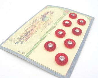 8 glass buttons from Gablonz, antique buttons, collector's items, on sample card, vintage, diameter 8 mm