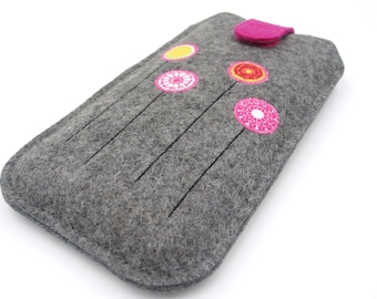 HandytascheWunschmaß,Filz,Handyhülle,Handyhülle Filz,Filz Handytasche,Handyhüllen Filz,Handyhülle aus Filz dunkelgrau,Blumen,pink,Blümchen