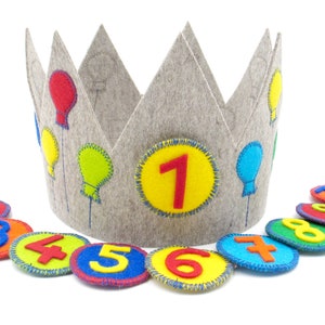 Birthday crown with 3 numbers,balloons,grey,100% new wool felt,adjustable in size,children's birthday party,crown for birthday child,handicraft image 1